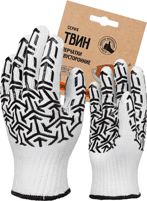 Перчатки трикотажные с ПВХ "СТРЕЛА" белый/ черный, (Пер 053Я), картонный ярлык